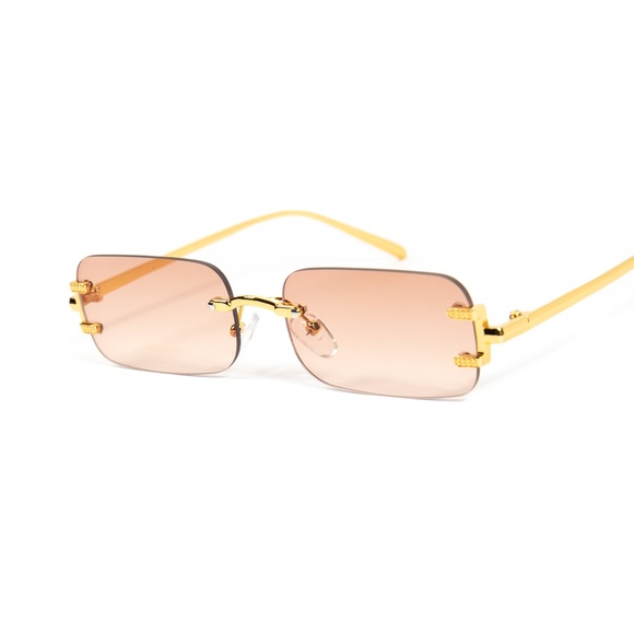 Gold Frame Peach Orange Tint Rimless Mens Y2K Hip Hop Fashion Summer Sunglasses - Picture 2 of 5